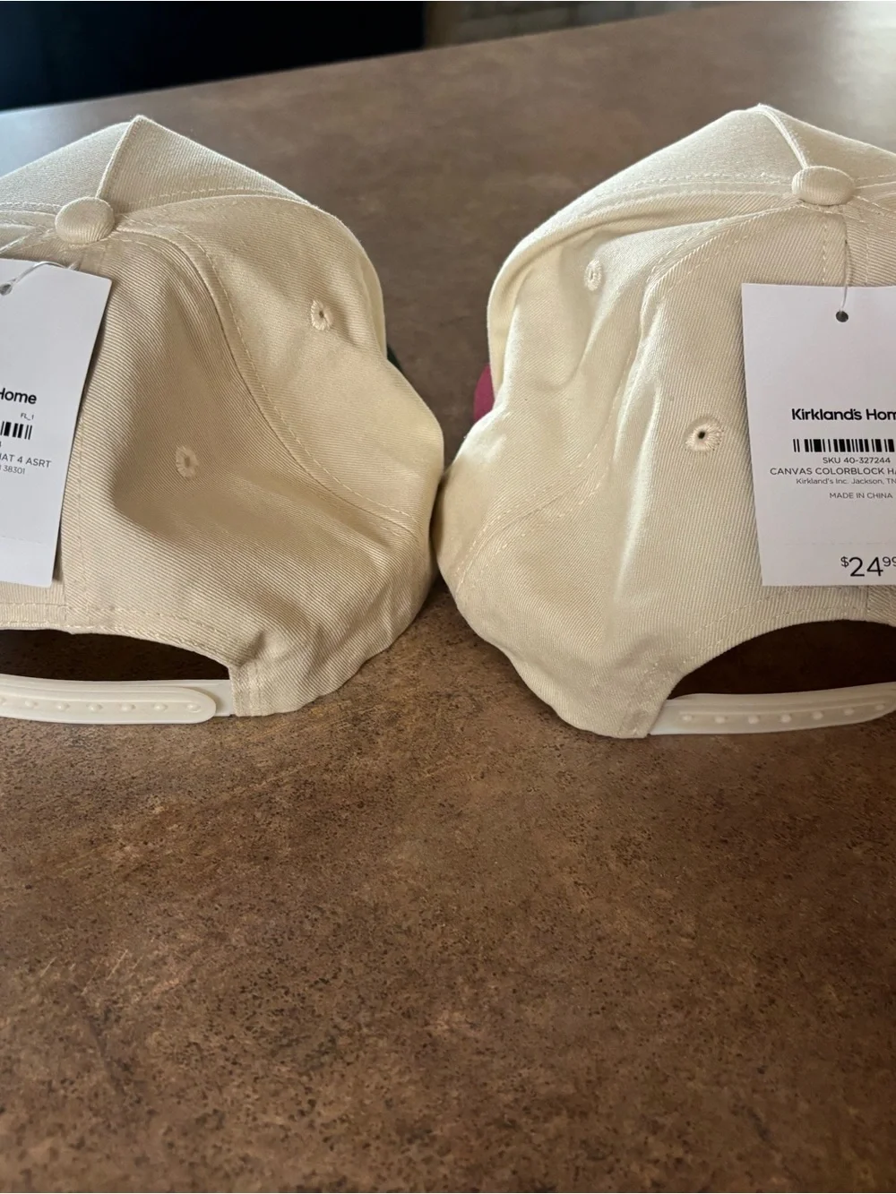 Kirklands Cream Trucker Hats with Green and Red Brims